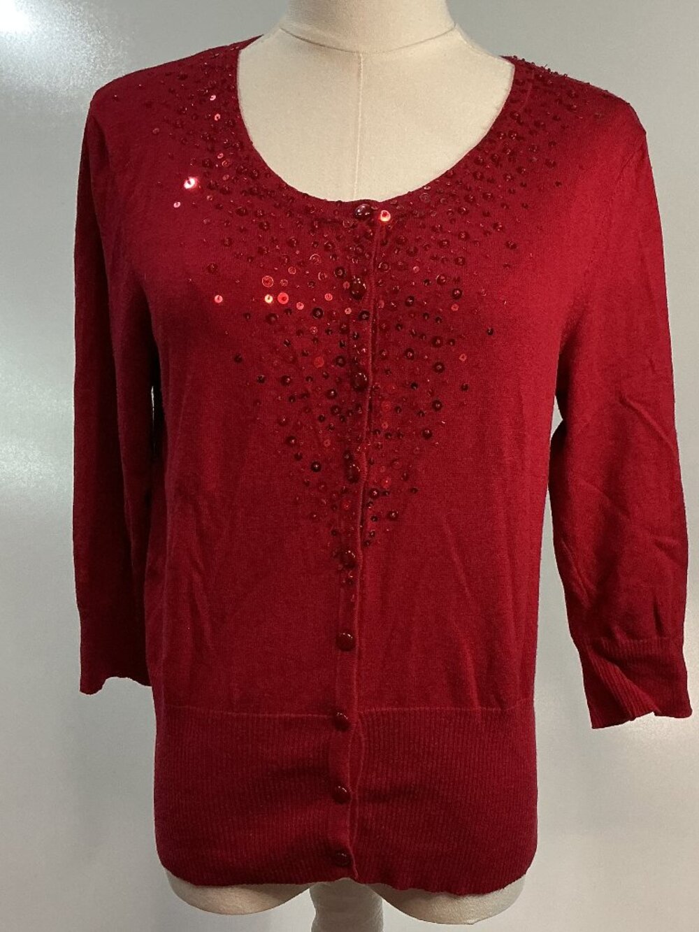 APT. 9 Red Sequin Embellished Button Front Cardigan Sweater Size M - Picture 3 of 13